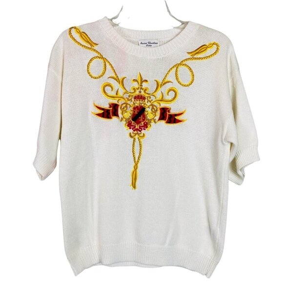 Vintage Baroque Embellished Knit Sweater Top – Gold Crest Design - Picture 1 of 12
